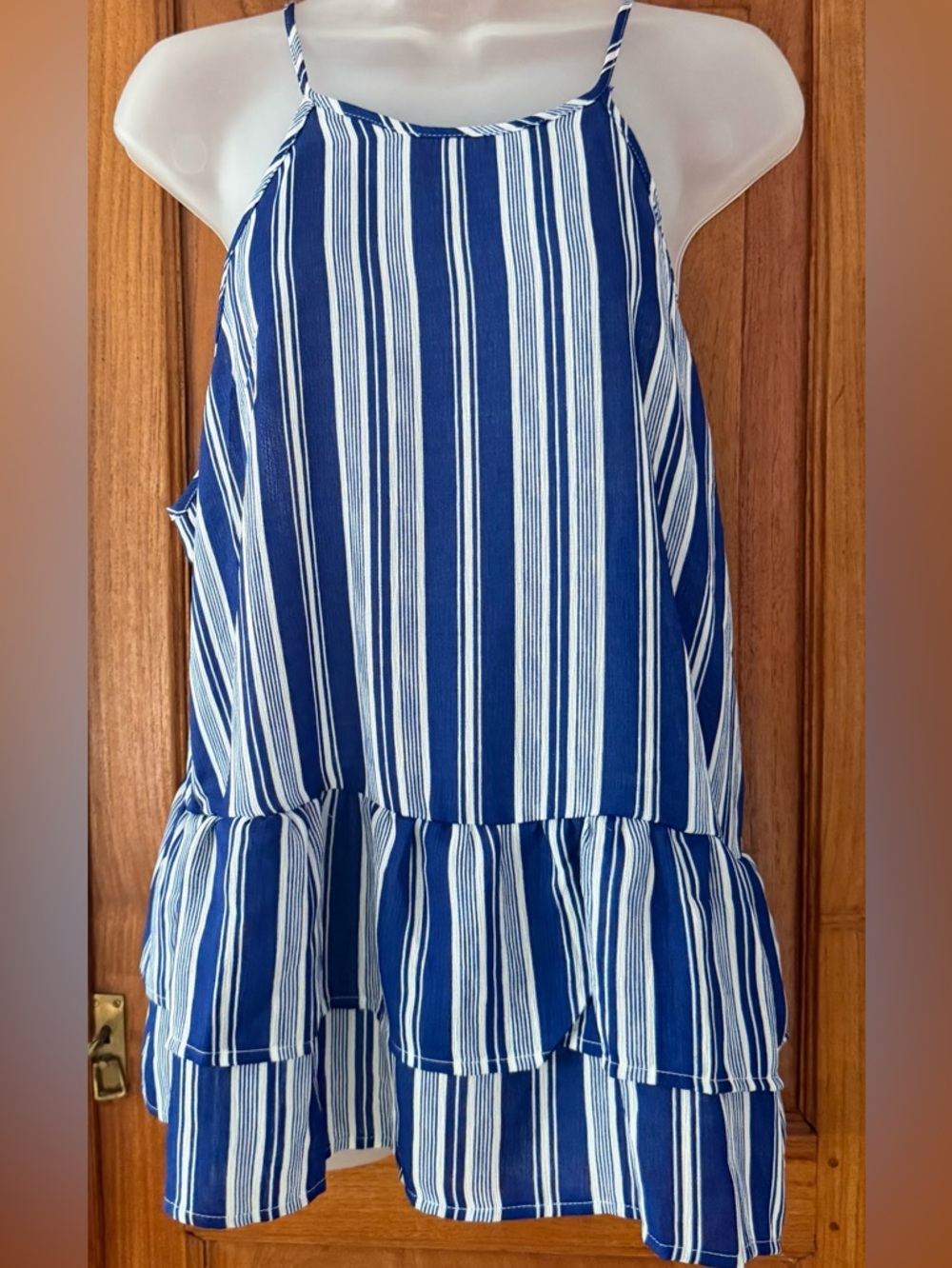Lily White Navy and White Striped Ruffle  Top
